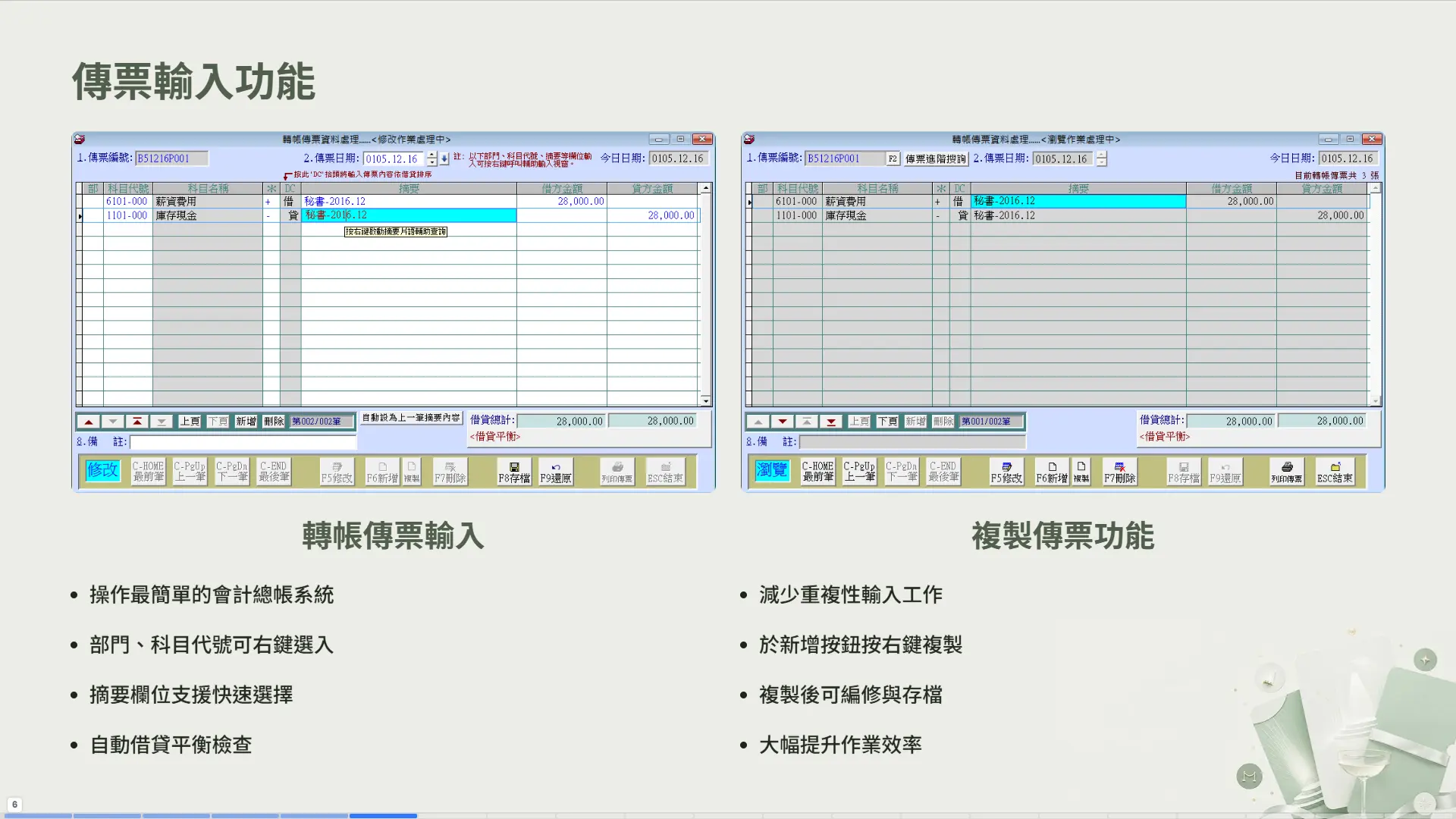 傳票輸入功能 - 轉帳傳票輸入與複製傳票功能介面截圖