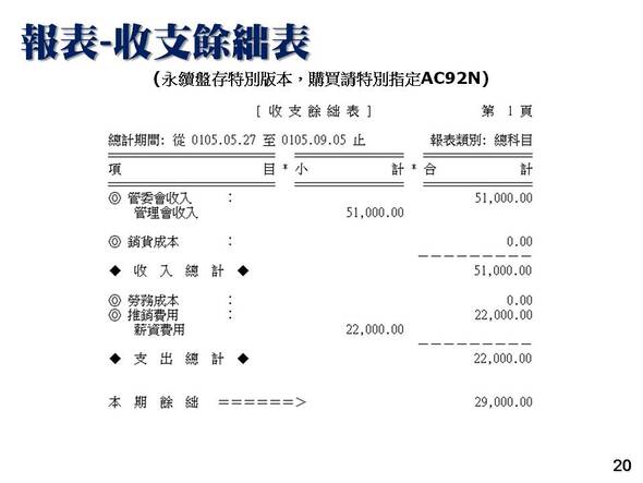 會計總帳管理系統-報表列印-收支餘絀表