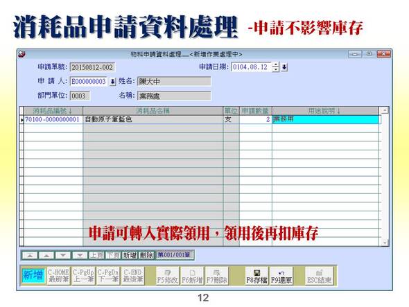 消耗品申請資料處理-申請不影響庫存-申請可轉入實際領用，領用後才扣庫存-消耗品管理系統-普大軟體
