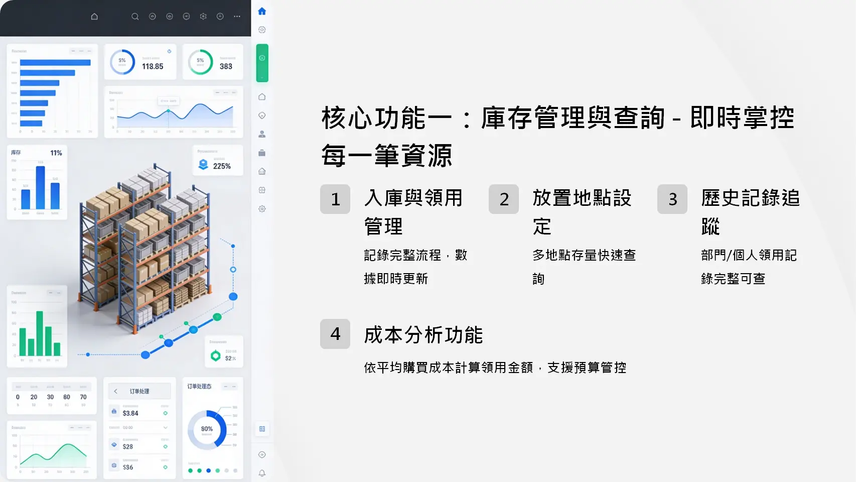 庫存管理與查詢功能：入庫領用管理、放置地點設定、歷史記錄追蹤、成本分析，即時掌控資源