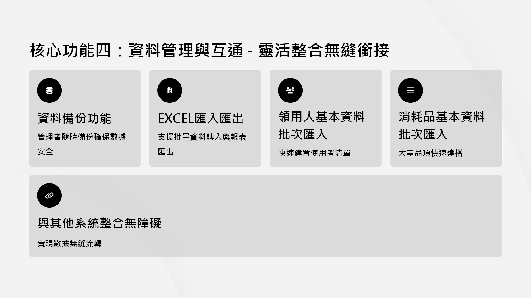 資料管理與互通：資料備份、EXCEL匯入匯出、領用人基本資料批次匯入、消耗品基本資料批次匯入、與其他系統無縫整合