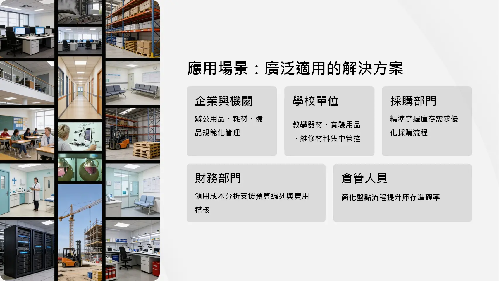 消耗品管理系統應用場景：企業機關辦公用品管理、學校教學器材管理、採購部門庫存優化、財務部門成本分析、倉管人員盤點管理