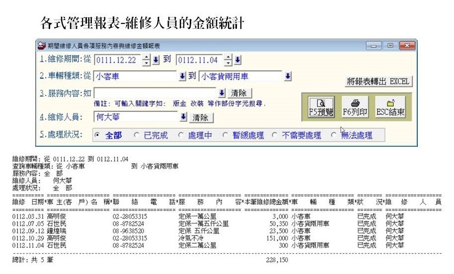 期間維修金額的統計報表
-汽機車輛修護管理系統
-普大軟體