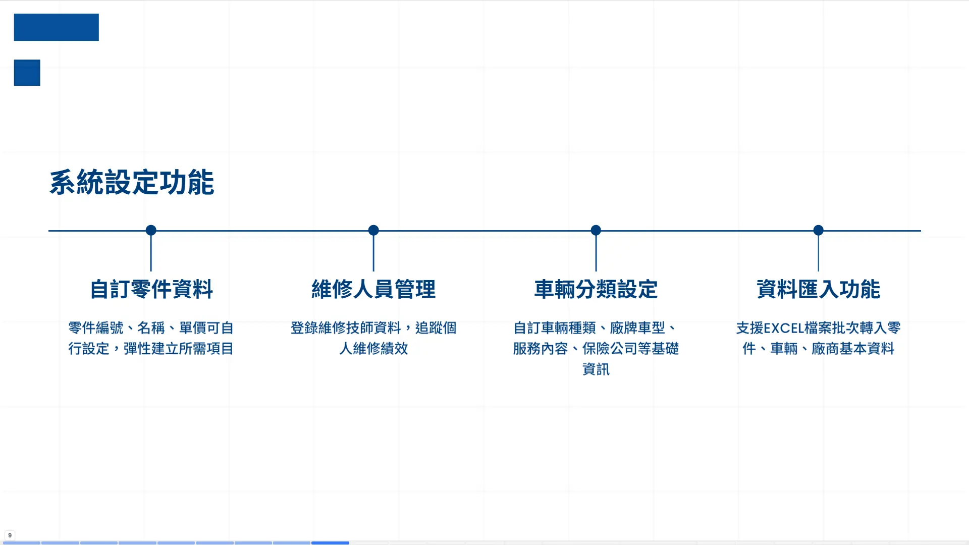 車輛修護管理系統設定功能，自訂零件編號名稱單價、維修人員管理、車輛分類設定與EXCEL資料匯入功能