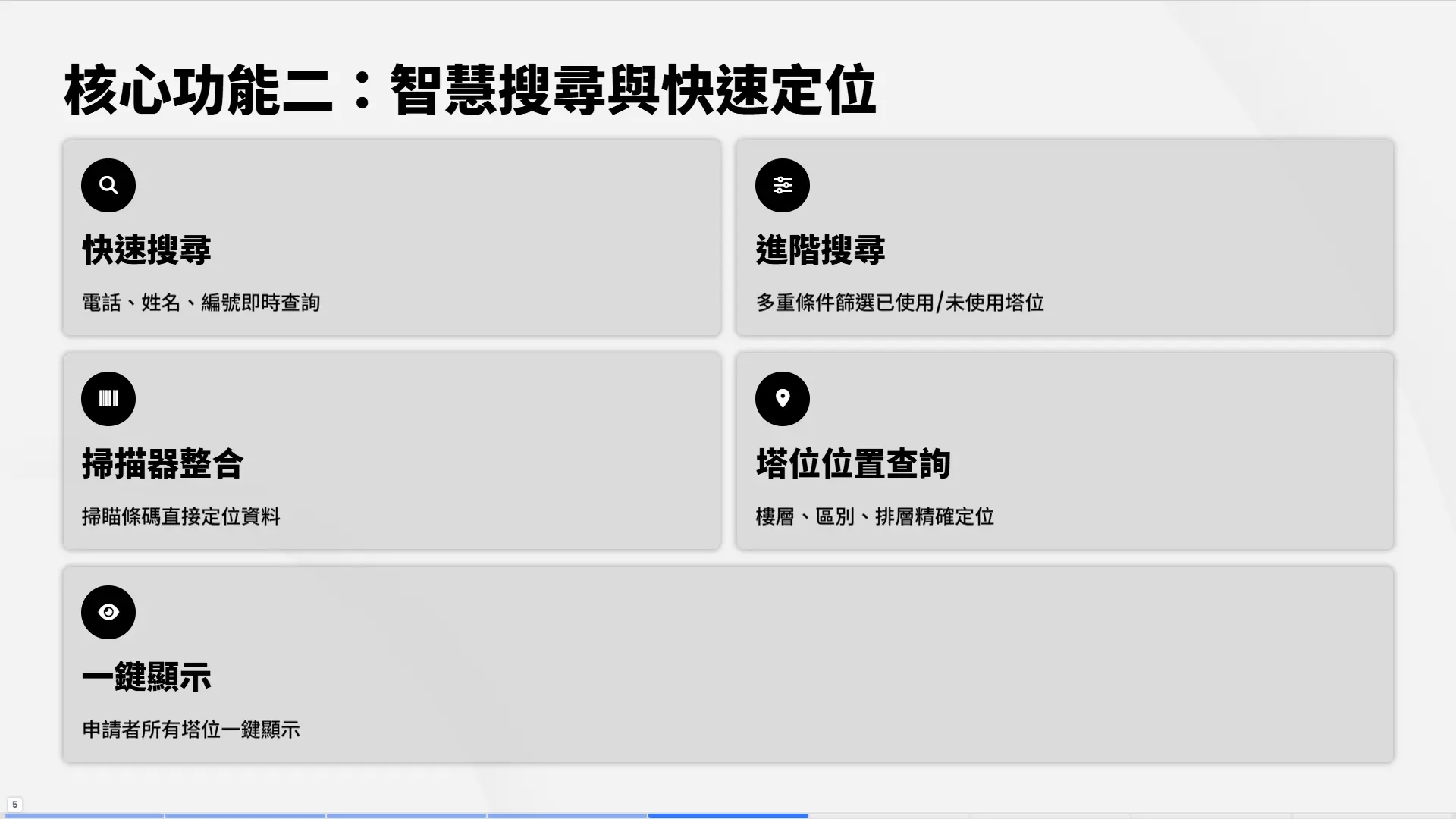 JT92快速搜尋與定位系統，包含電話姓名編號即時查詢、進階多條件篩選、掃描器條碼整合、樓層區別精確定位、申請者塔位查詢的靈骨塔管理軟體界面