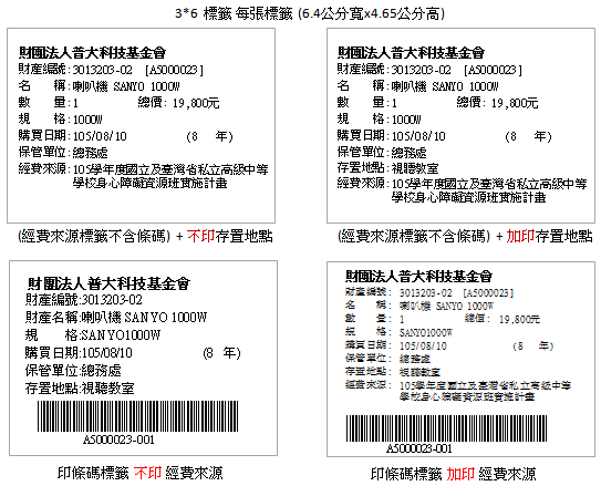 標籤列印-選擇加印經費來源、選擇列印存放地點、選擇是否條印條碼