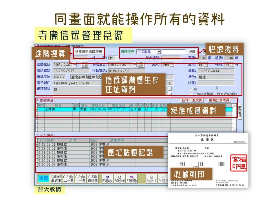 同一畫面就能操作所有的資料
-寺廟信眾管理系統
-普大軟體