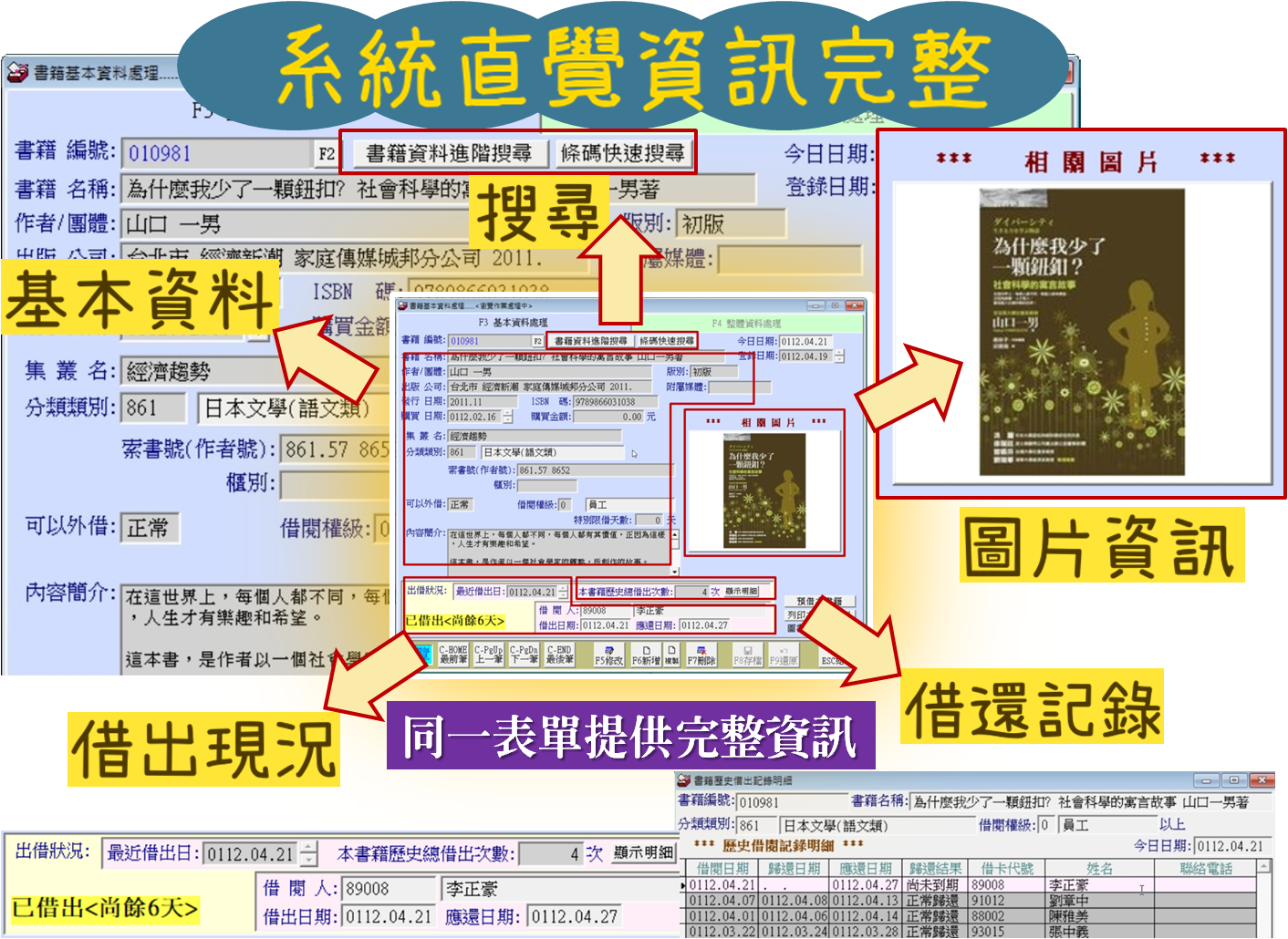 書籍基本資料
-同一畫面提供-基本資料、搜尋、書籍封面圖片、歷史借閱紀錄、目前借閱現況
-圖書館管理系統
-普大軟體