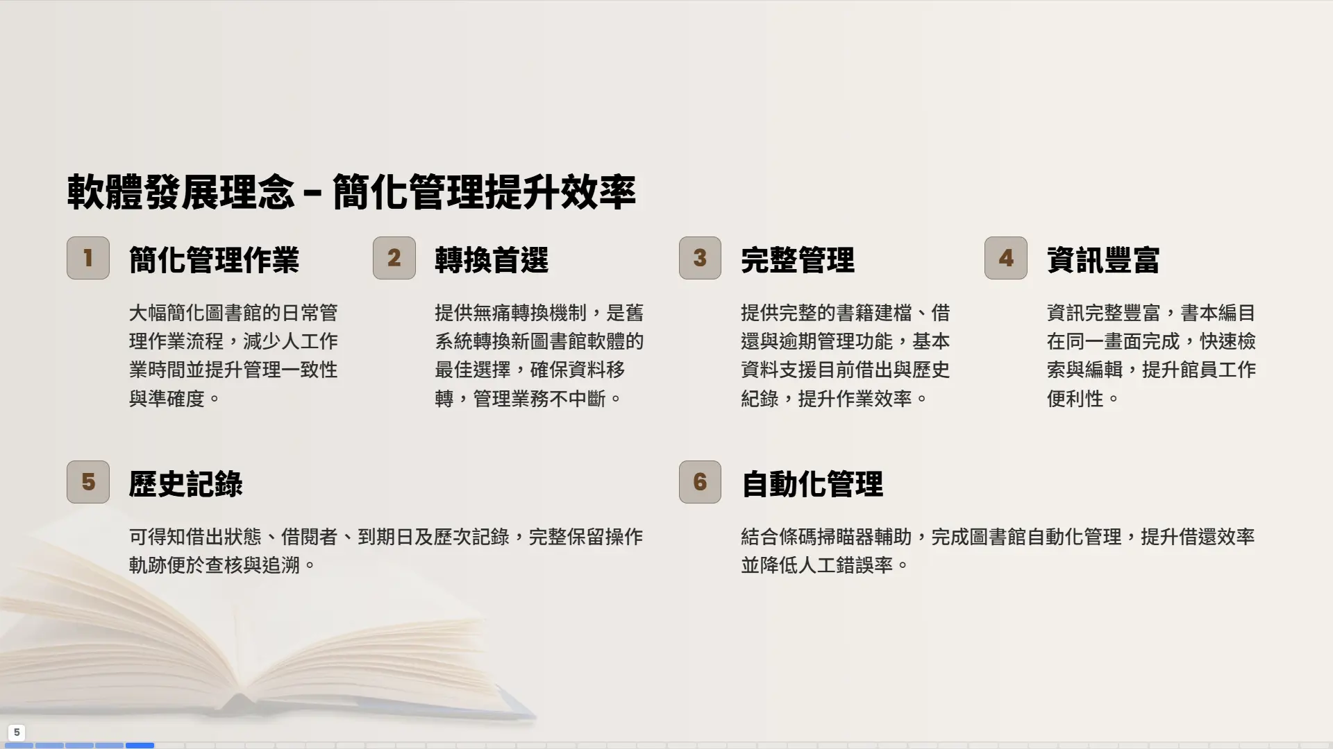 圖書館軟體發展理念-簡化管理作業-完整管理-自動化管理-提升效率