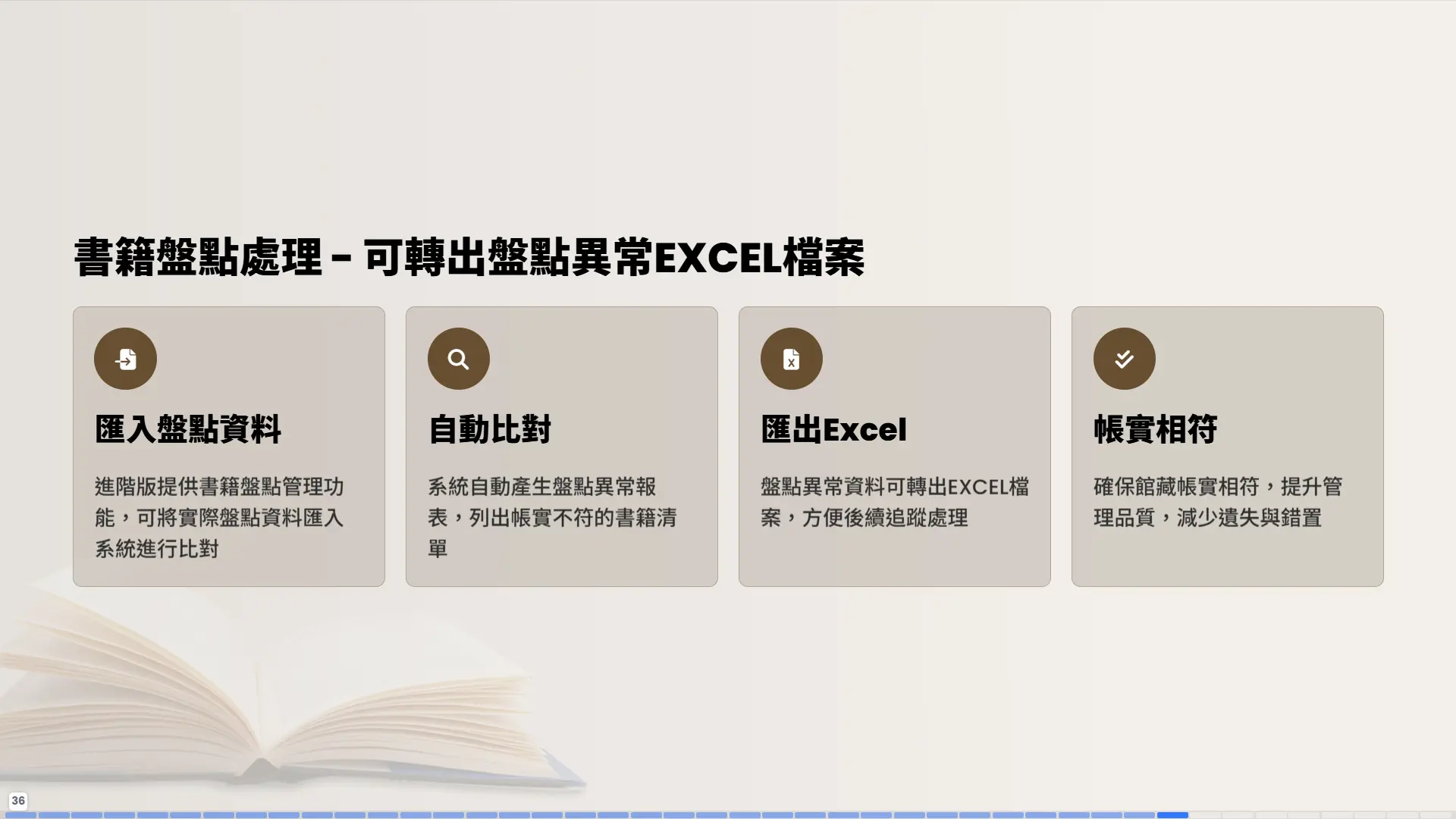 書籍盤點處理-可轉出盤點異常EXCEL檔案-匯入盤點資料-自動比對-帳實相符