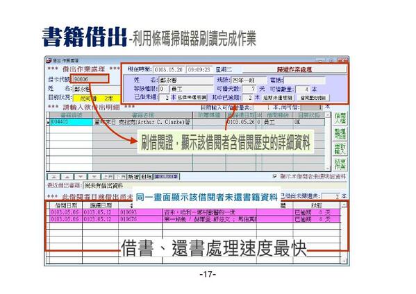 書籍借出的畫面，可以同時查看該借閱者已借未還的書籍資料，以及是否已經逾期-圖書館自動化管理系統-普大軟體