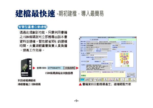 秒速完成圖書建檔，
只需要掃描圖書ISBN條碼，能找到大部分繁體中文書籍的基本資料
-圖書館自動化管理系統-普大軟體