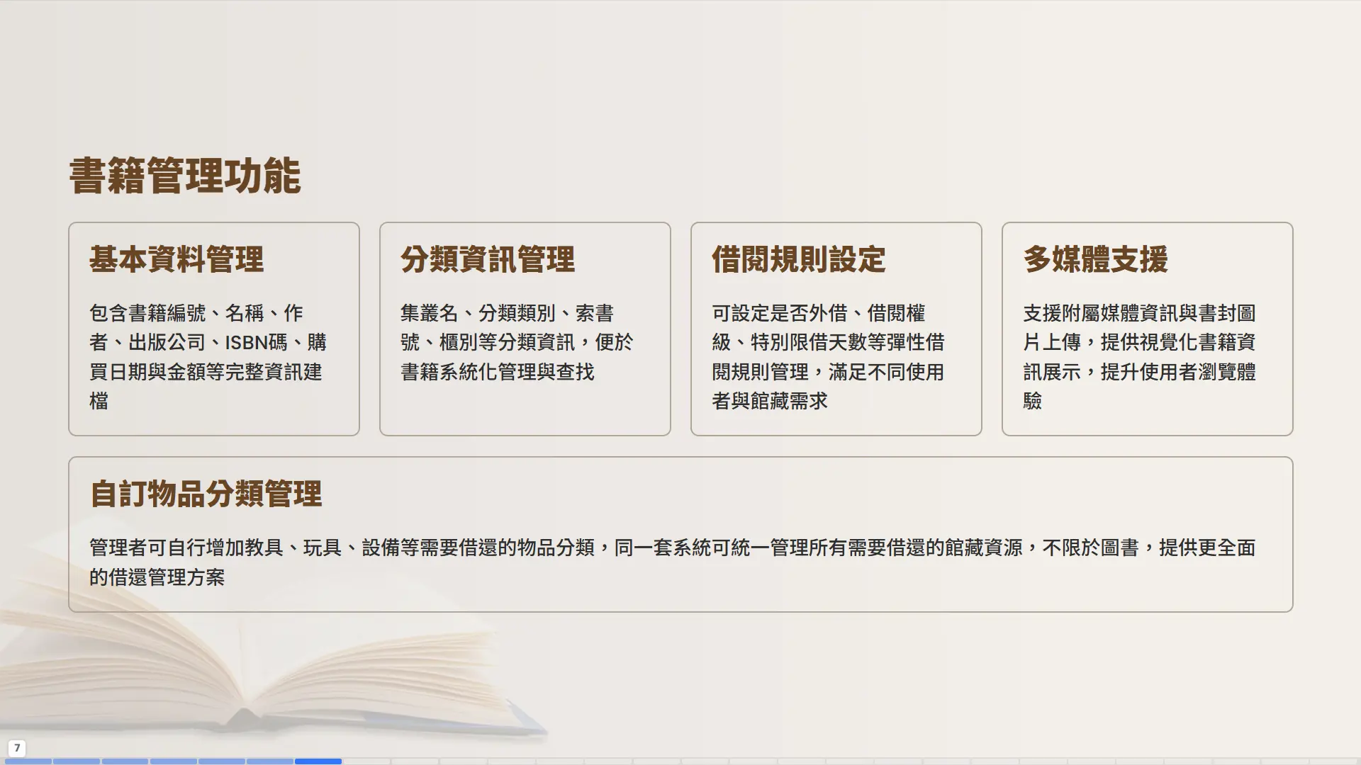 普大圖書館系統書籍管理功能，包含基本資料管理、分類資訊、借閱規則設定、多媒體支援與自訂物品分類管理