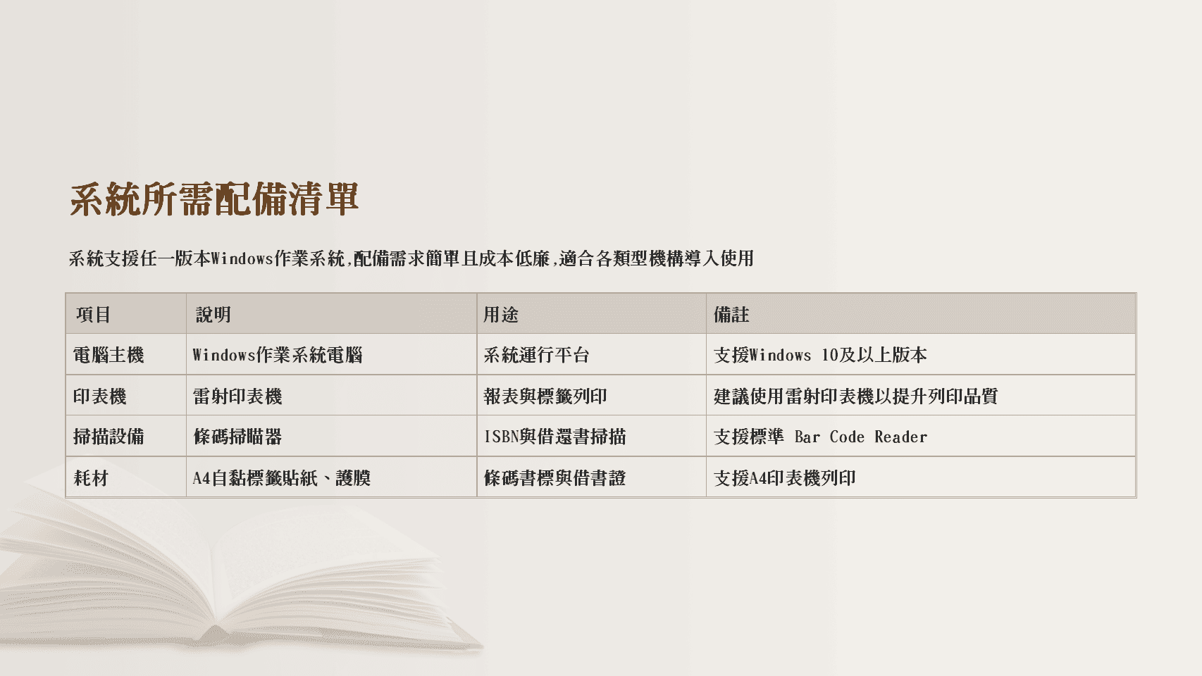 普大圖書館系統所需配備清單表格，包含電腦主機、雷射印表機、條碼掃描器與耗材說明