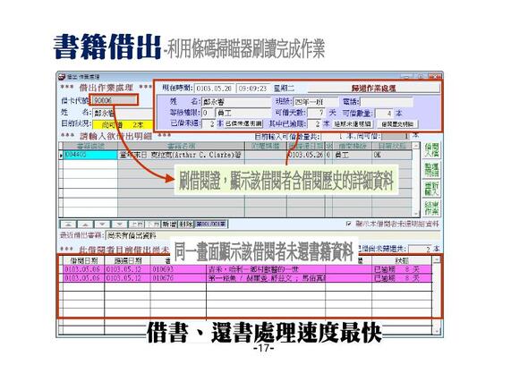圖書借出畫面
-書籍借出的畫面同時提供該借閱者已借的書籍明細資料
-圖書館管理系統
-普大軟體