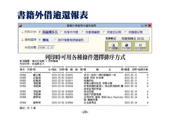 
書籍外借逾期歸還報表列印
-圖書館管理系統
-普大軟體
