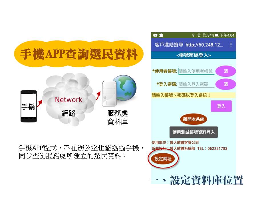 手機APP程式，不在辦公室也能透過手機，
同步查詢服務處所建立的選民資料。
-手機APP查詢選民資料
-普大軟體