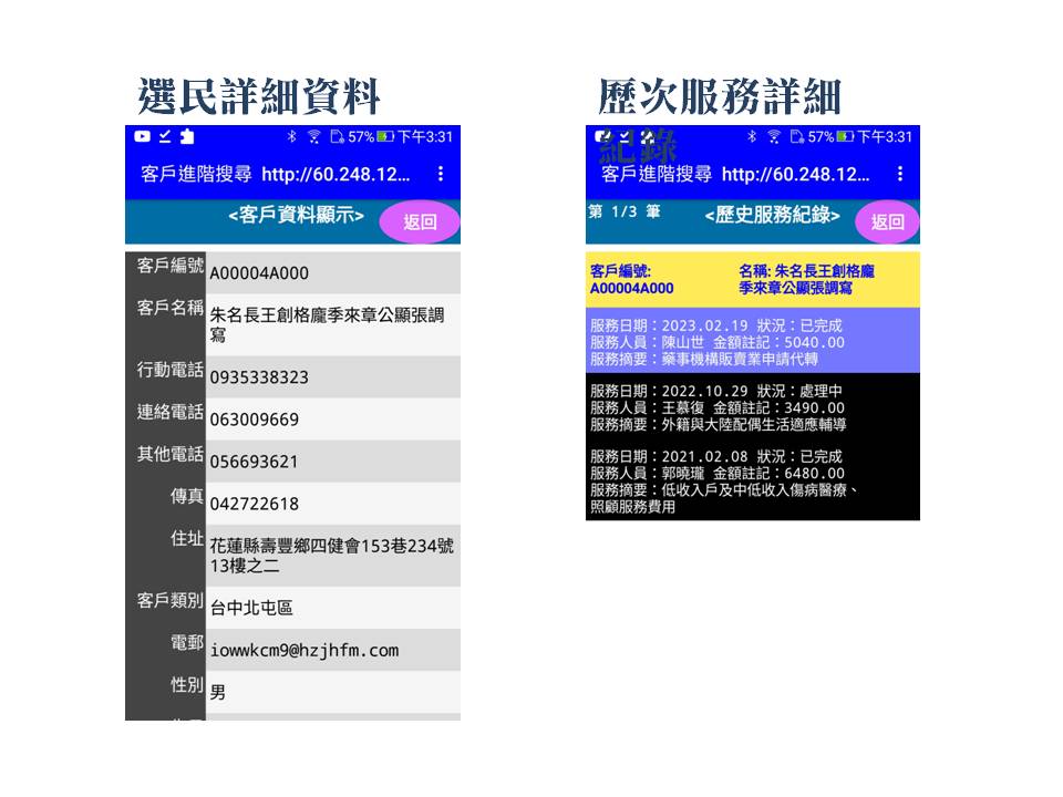 選民詳細資料與歷次服務紀錄
-手機APP程式
-普大軟體 選民詳細資料與歷次服務紀錄-手機APP查詢程式-普大軟體