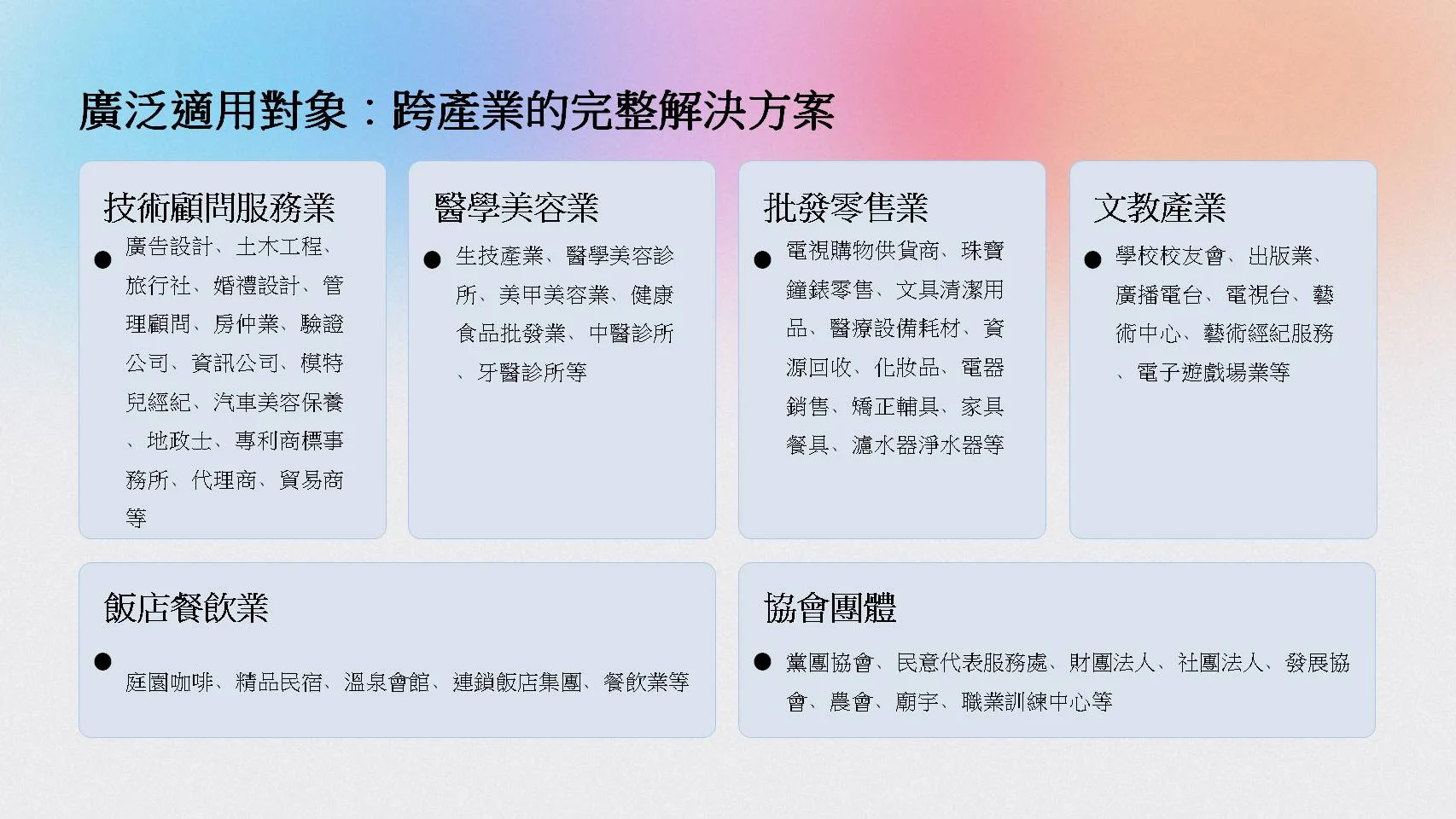 CRM系統適用產業-技術顧問、醫美、批發零售、文教、餐飲與協會團體