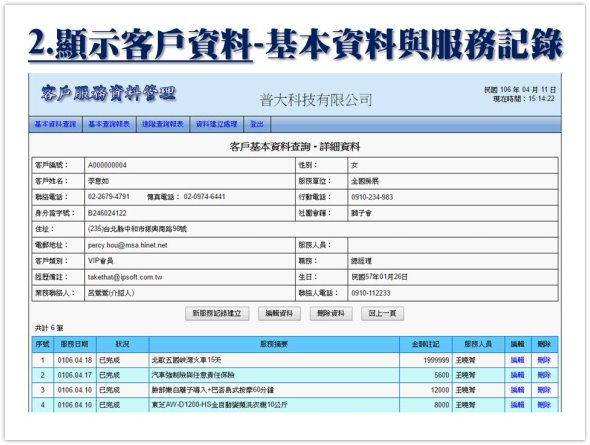 網頁顯示客戶資料-基本資料與服務記錄-客戶關係管理-普大軟體