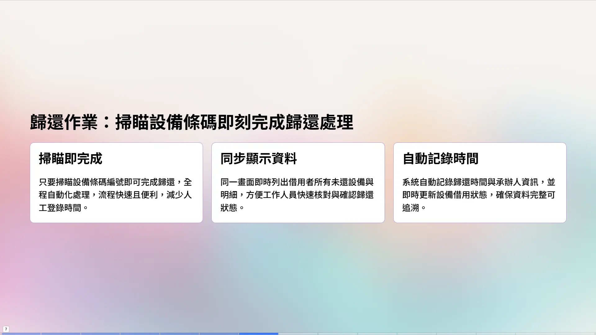 設備歸還管理介面截圖，CASIO數位相機歸還交易記錄，顯示借用者資料、設備品項與歸還明細