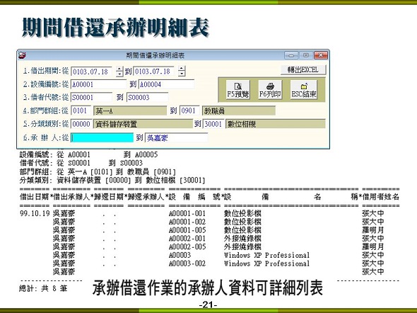 設備儀器借還管理系統-依承辦人員期間承辦借出與歸還的資料列表