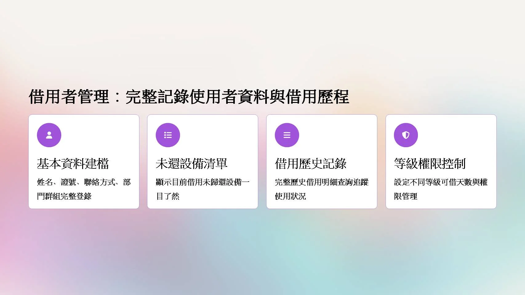 借用者管理系統介面，顯示使用者基本資料、聯絡方式、部門群組、未歸還設備清單與借用歷史記錄