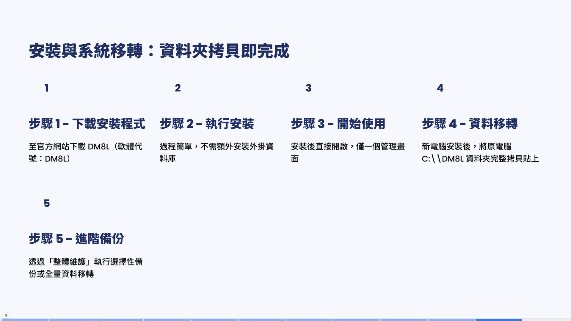 安裝與系統移轉頁面。展示五個安裝與轉移步驟：步驟一下載安裝程式（至官方網站下載DM8L選擇單機或Server版）、步驟二執行安裝（過程簡單無需外掛資料庫）、步驟三開始使用（安裝後直接開啟僅一個管理畫面）、步驟四資料移轉（新電腦安裝後將C:\\DM8L資料夾完整拷貝）、步驟五進階備份（透過整體維護執行備份或資料移轉）。