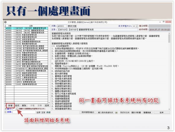 系統只有一個管理畫面-文件、專案、研究資料管理系統
-文件管理系統
-普大軟體