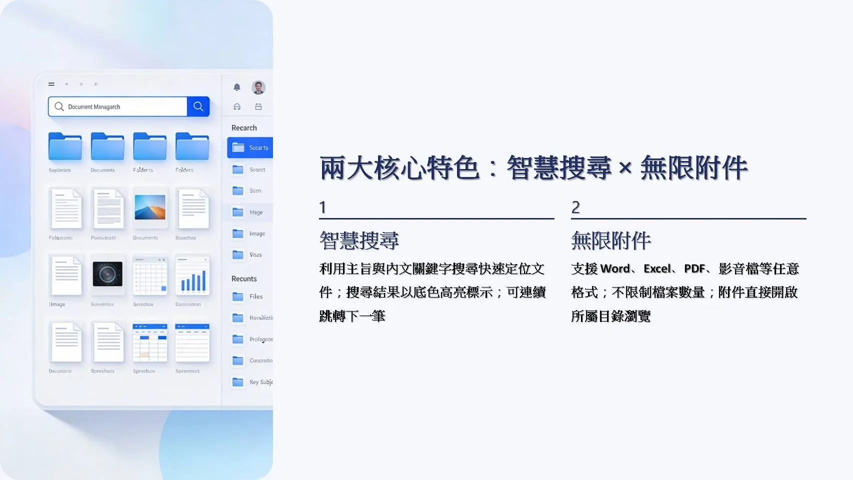 兩大核心特色頁面。左側展示現代文件管理系統界面與搜尋功能演示。右側詳述特色一：智慧搜尋（主旨與內文關鍵字快速定位、搜尋結果高亮、連續跳轉）；特色二：無限附件（支援Word、Excel、PDF、影音檔等全格式、無限制數量、直接開啟瀏覽）。
