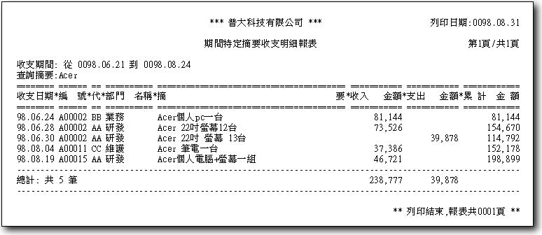 收支摘要的搜尋結果報表