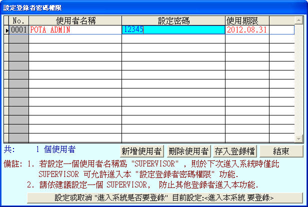 使用者密碼及權限設定