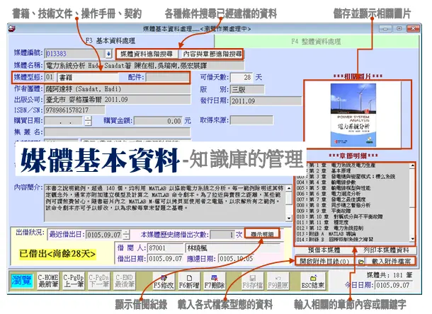 書籍基本資料-媒體基本資料-知識庫的管理
-圖書館管理系統
-普大軟體 書籍基本資料-媒體基本資料-知識庫的管理
-圖書館管理系統
-普大軟體