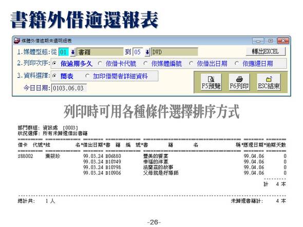 書籍外借逾還報表
列印時可用各種條件選擇排序方式
-圖書管理系統媒體版
-普大軟體