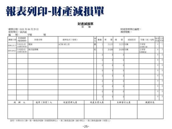 財產減損單報表-財產目錄管理系統-普大軟體