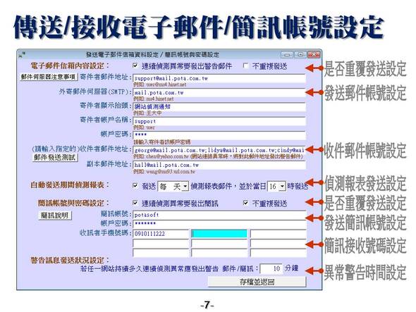 傳送/接收電子郵件/簡訊帳號設定
-網站連線狀況自動偵測系統
-普大軟體