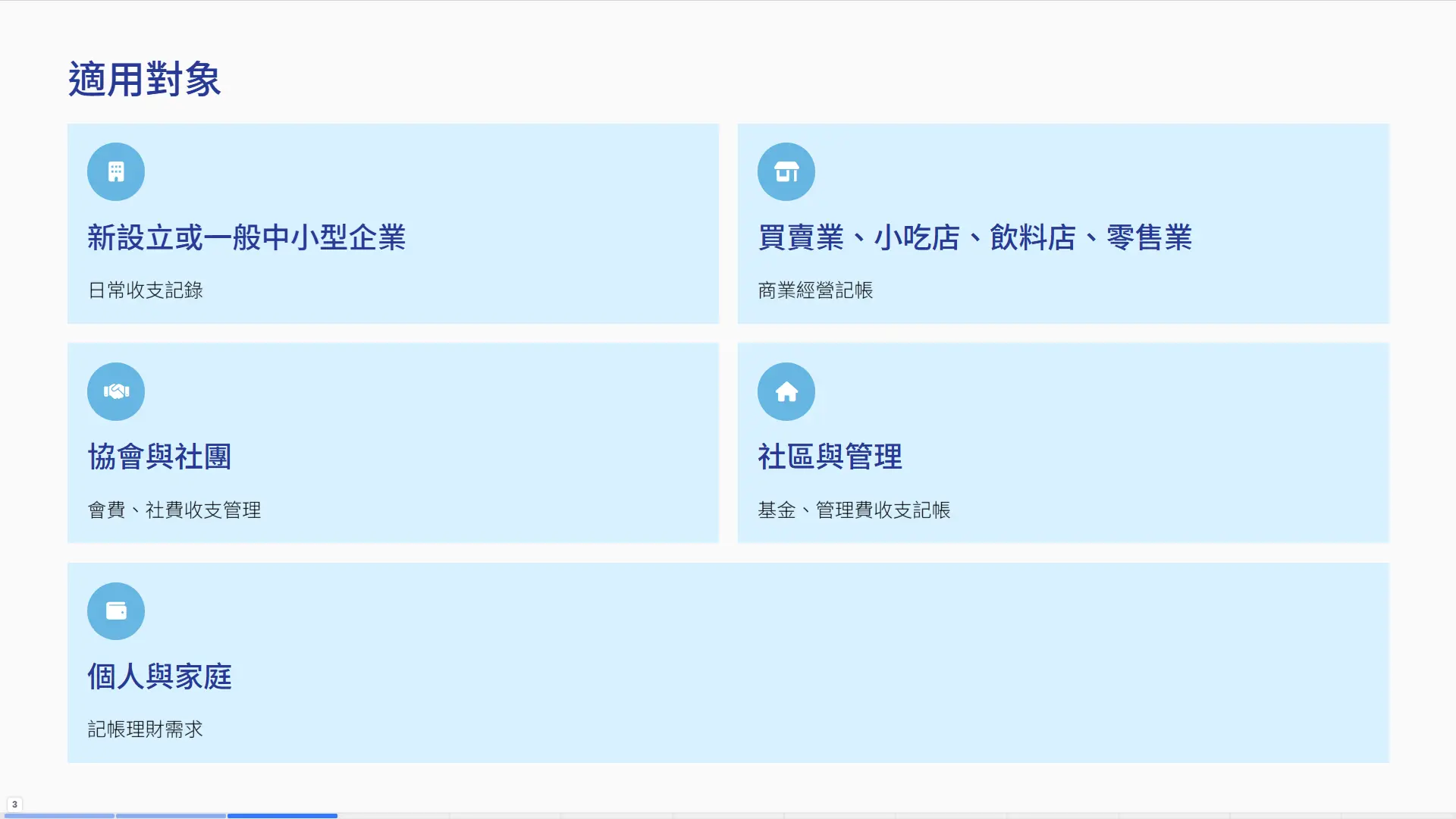 流水帳系統適用場景圖示，包括中小企業、商業零售、協會社團、社區管理、個人家庭等5大應用領域的收支記帳需求