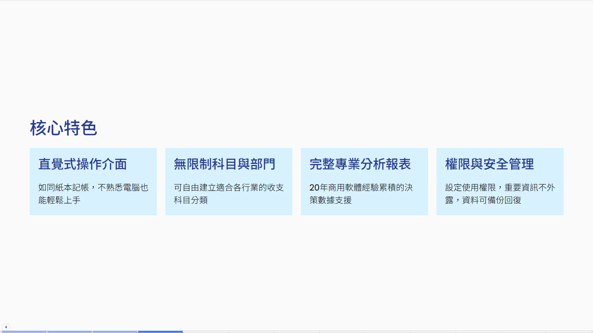 SA92系統核心特色介紹，展示四大優勢：直覺式操作介面、無限制科目與部門設置、20年經驗的專業分析報表、完整的權限與資料備份管理