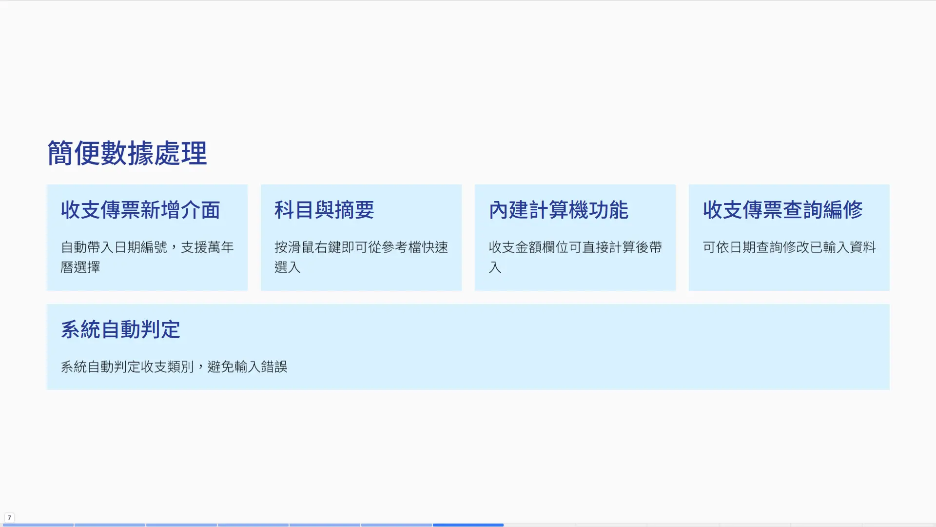 系統收支傳票數據輸入介面截圖，展示自動日期帶入、萬年曆選擇、科目快速選取、內建計算機、自動收支判定等智能化功能，簡化手工記帳作業流程