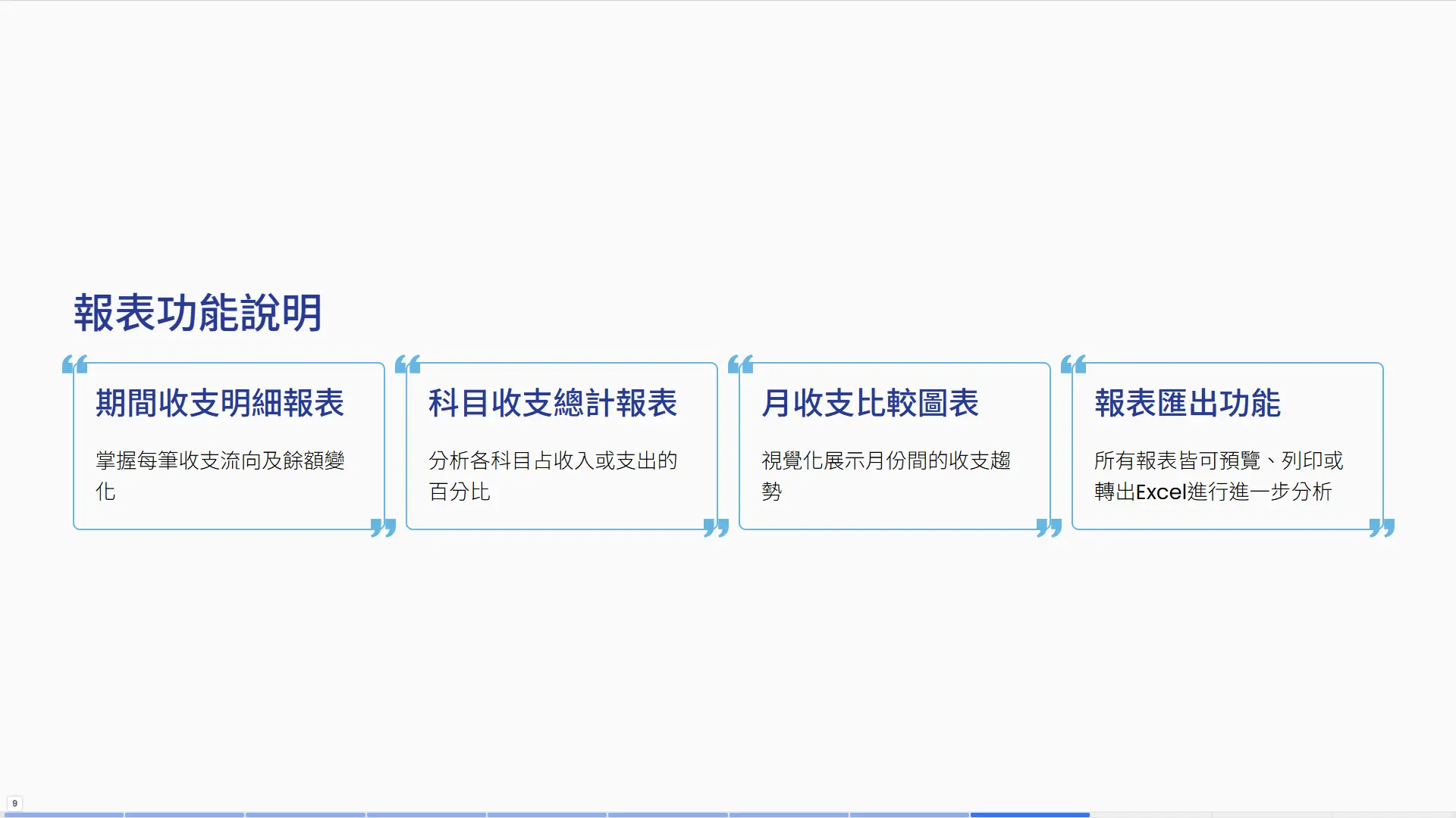 財務管理儀表板截圖，展示月度收支比較圖表、收入支出趨勢分析、棒形圖表視覺化呈現，說明期間收支明細、科目佔比、月度對比、Excel匯出等報表功能應用