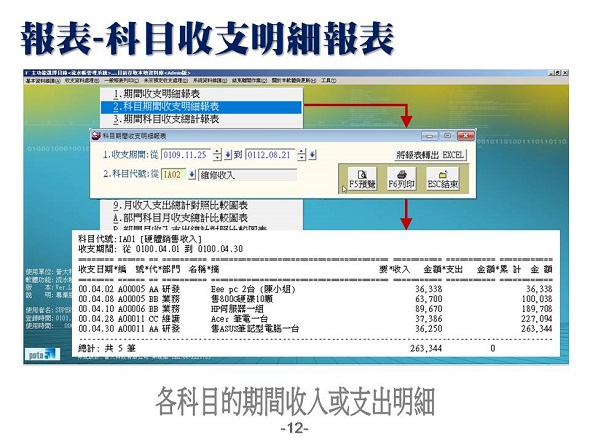 科目收支明細報表-流水帳管理系統-普大軟體