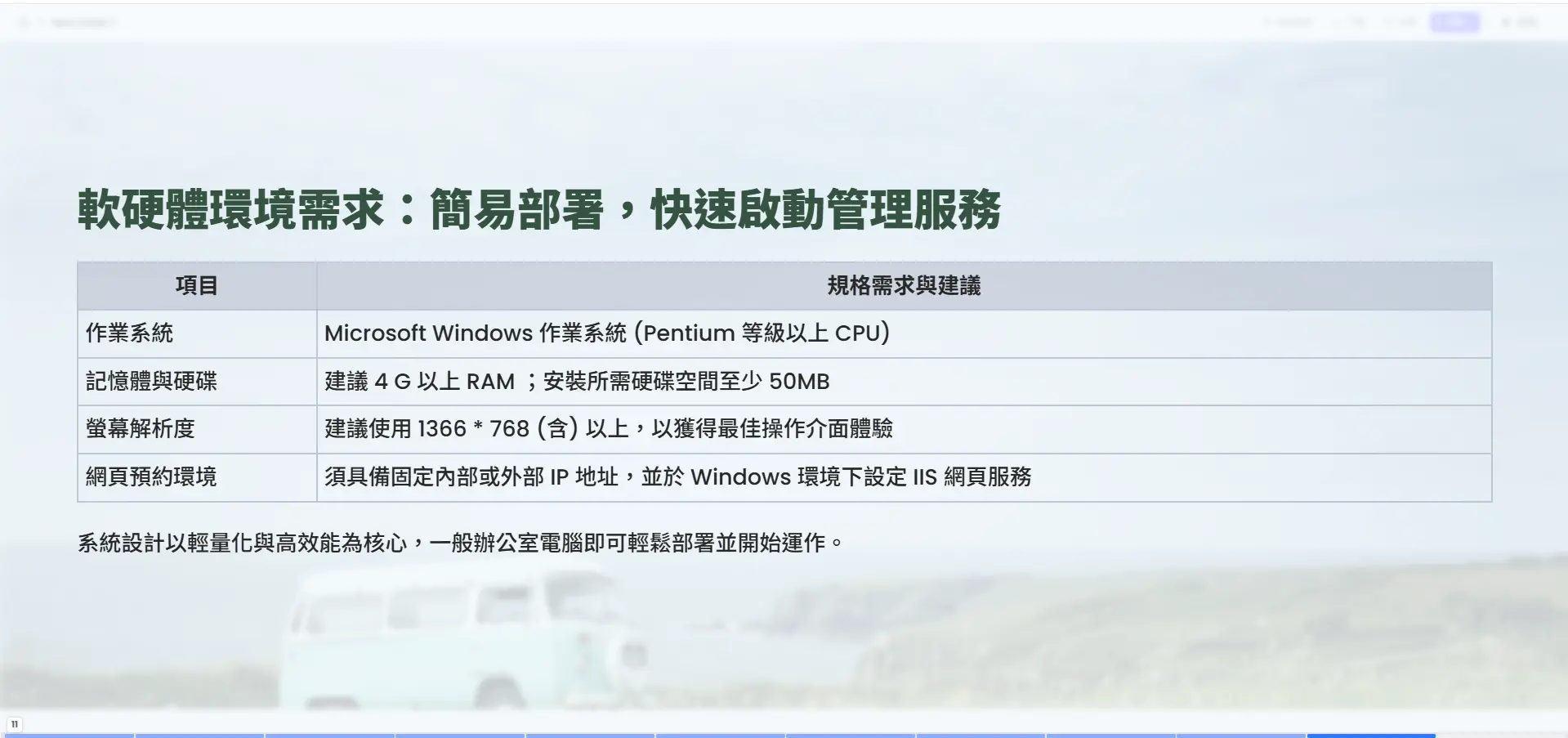 SD90 軟硬體環境需求：Windows 作業系統、記憶體、硬碟、螢幕解析度、IIS 網頁服務