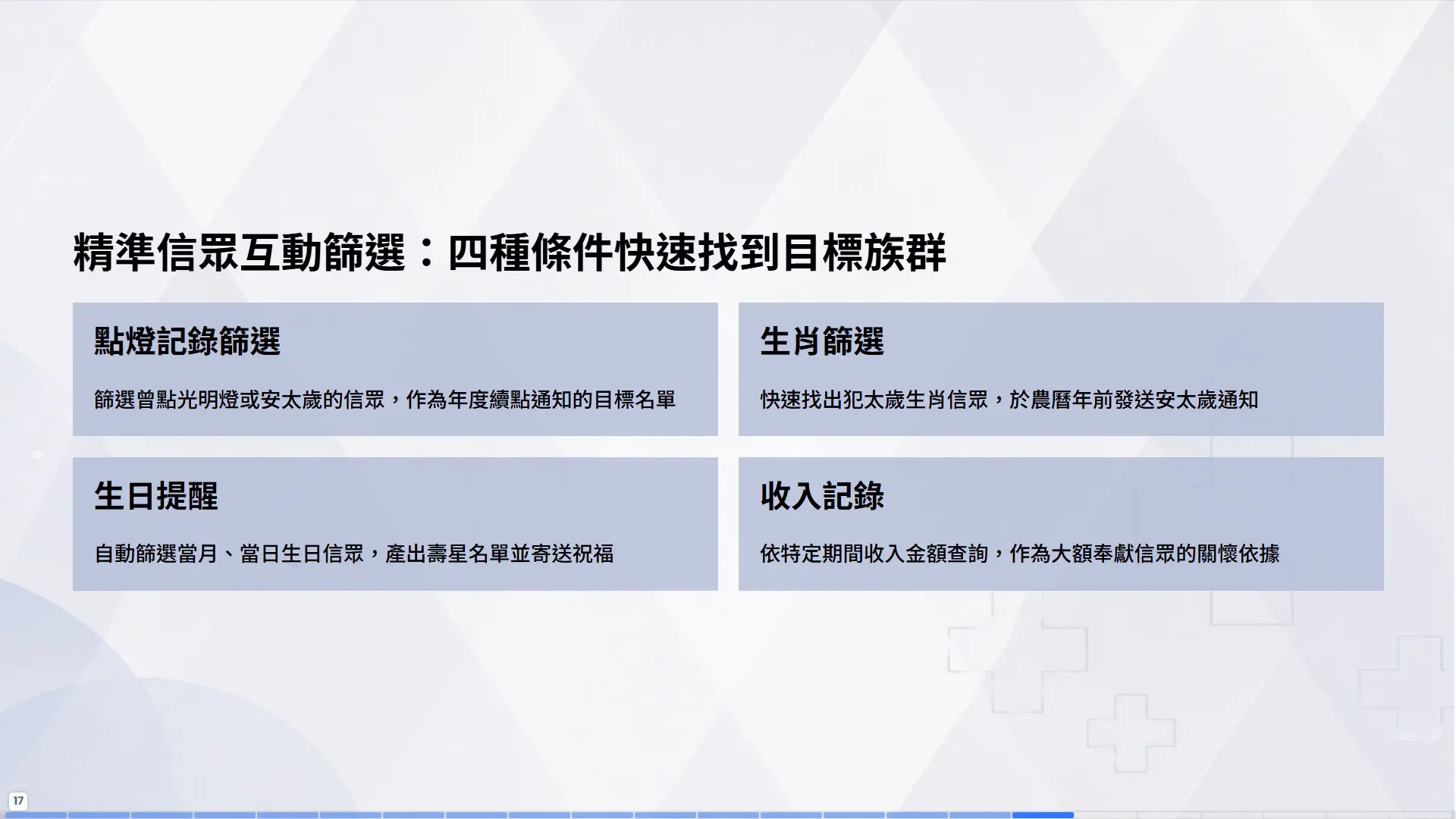 精準信眾互動四種篩選