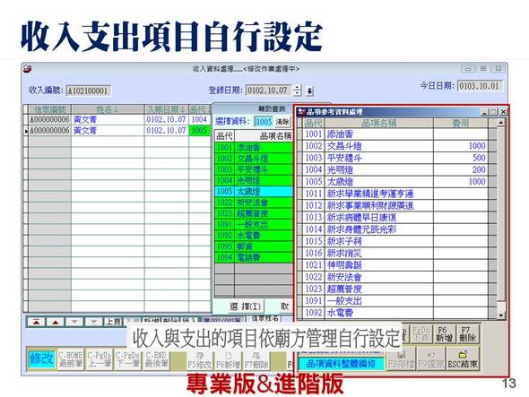 收入支出項目自行設定
-寺廟信眾管理系統
-普大軟體