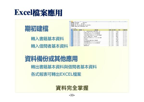 EXCEL檔案完全應用 可以將書籍或借閱者資料轉入，資料入檔後在系統也可以利用EXCEL檔案轉出-圖書館自動化管理系統-普大軟體